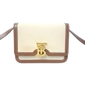 Burberry Beige Gold Brown Bag Leather Canvas TB Shoulder Tan